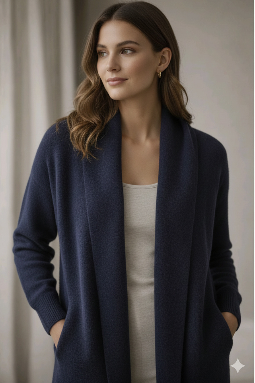 C by Bloomingdale's Open Cardigan Cashmere Drape Marled Blue Cozy Soft Sz -S